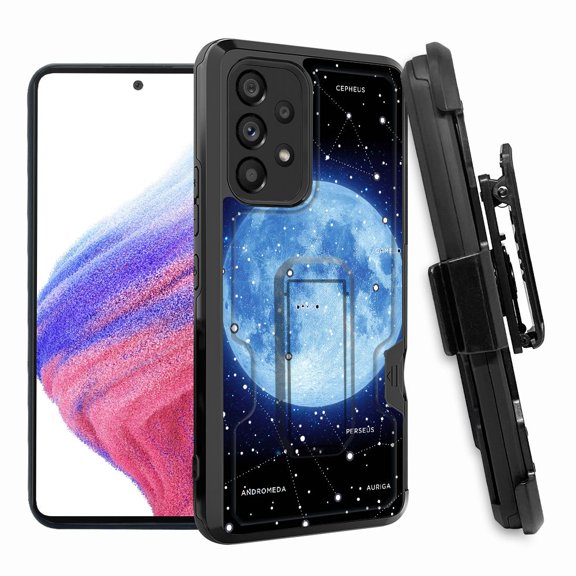 ANJ  Rugged Shockproof Hoster Case w/Card Slot, Kickstand   Tempered Glass Cover for Samsung Galaxy A33 5G - Blue Moon Constellation
