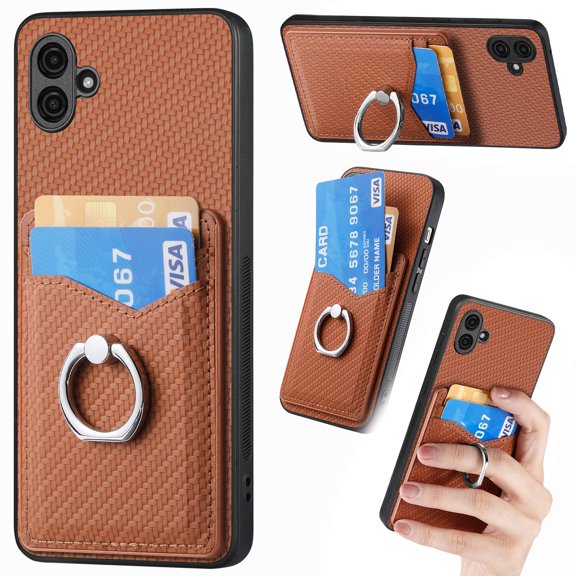 Carbon Fiber Patterned Case for Samsung A04E, Wallet case with [360°Rotation Ring Kickstand] Credit Card Holder,PU Leather Shockproof Cover Women Men for Samsung Galaxy A04E, Brown