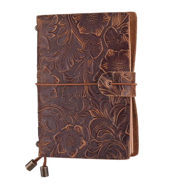 Amdohai Vintage Full Grain Leather Refillable Travel Journal Notebook Diary Embossed Flower Pattern Daily Notepad Cover with Elastic Strap for Men & Women Gift