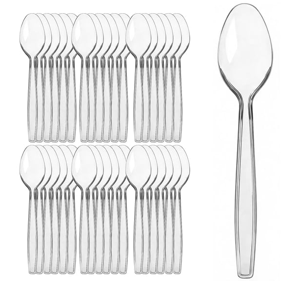 100 Clear Plastic Spoons Bulk - Durable Disposable Plastic Silverware Spoons - Heat-Resistant Spoon Cutlery - Heavy Duty Flatware Pack - Disposable Silverware Utensil Set for Hot and Cold Food