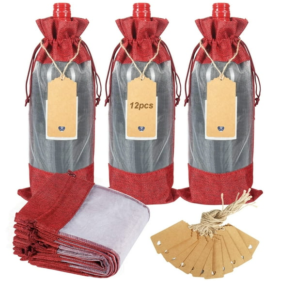 Bolsa de Regalo para Botella de Vino Shintop de Arpillera con Cordón, Paquete de 12 Piezas