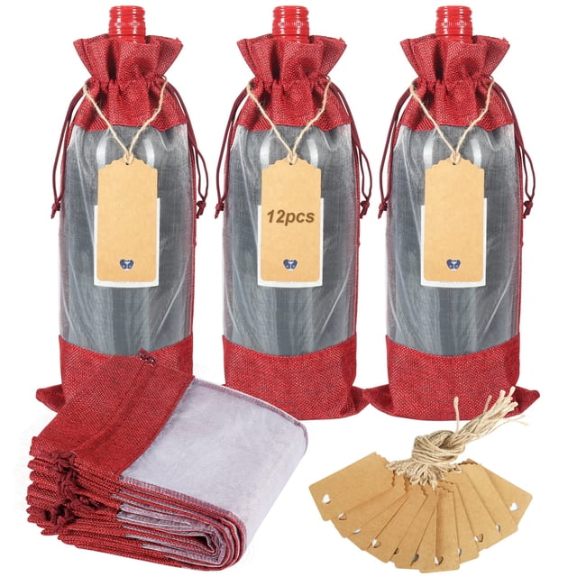 Bolsa de Regalo para Botella de Vino Shintop de Arpillera con Cordón, Paquete de 12 Piezas
