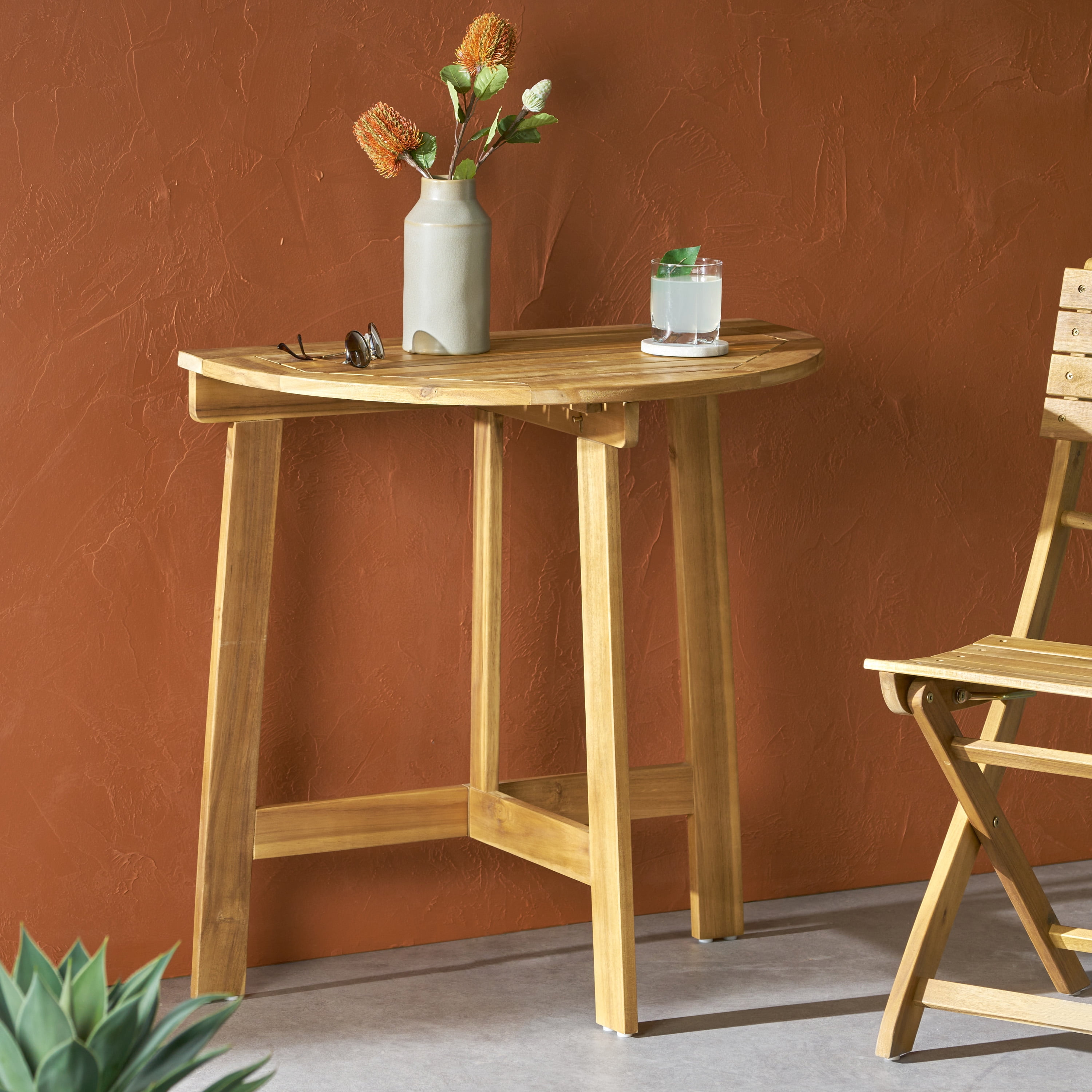 Outdoor Half Round Folding Bistro Table, Acacia Wood Desktop for Patio Balcony, Natural
