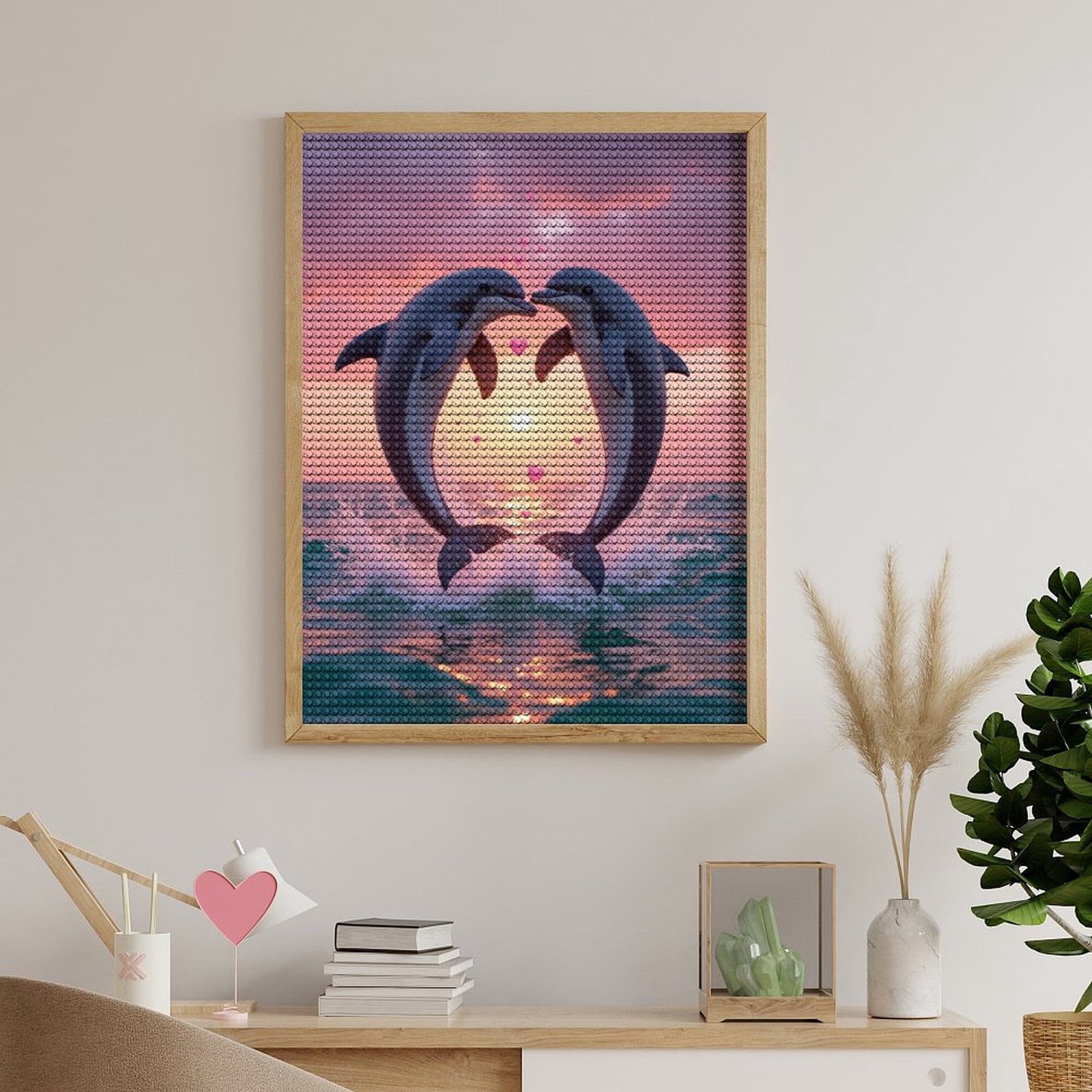 Diamond Art Kits for Adults, Dolphins Sunset Ocean Romance 5D Diamond Painting Kits for Adults Beginners, DIY Full Drill Diamond Painting, Gem Art and Crafts 12x16