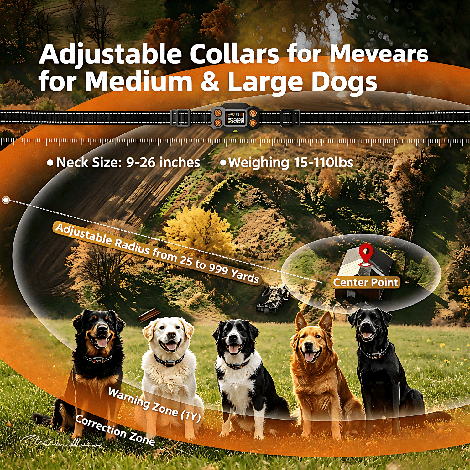 GPS Wireless Dog Fence, Electric Fence for Dogs,3 Warning Modes, Adjustable 25-999 Yards Range, IPX7 Waterproof Collar, Pet Containment System, Outdoor Use, for Dogs Over 15 Lbs