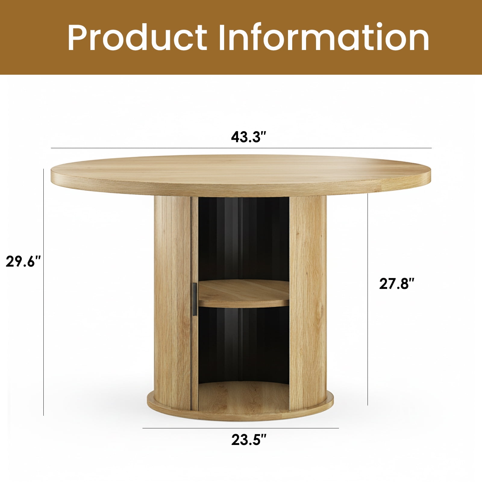 Farini 43" Round Dining Table, Modern Wood Kitchen Table with Hidden Storage & Metal Base, Seats 4, for Dining Room or Kitchen, Natural