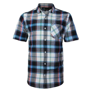 Men's Plaid Checkered Button Down Casual Short Sleeve Regular Fit Dress Shirt (Blue / Red,M)