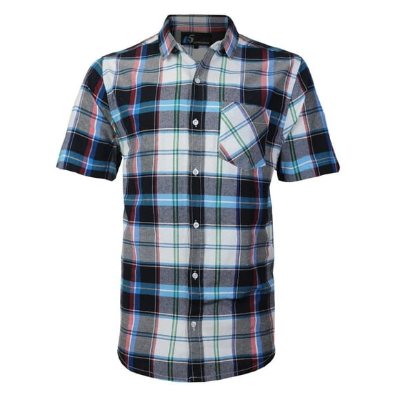 Men's Plaid Checkered Button Down Casual Short Sleeve Regular Fit Dress Shirt (Blue / Red,M)