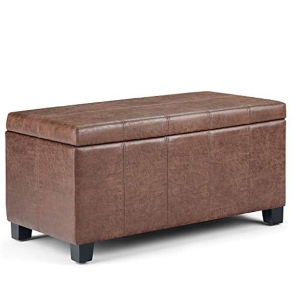 Homestock Renaissance Rhapsody 36 Inch Wide Rectangle Lift Top Storage Ottoman Bench In Upholstered Distressed Umber Brown Faux Leather, Footrest Stool - 18"D X 36"W X 18"H