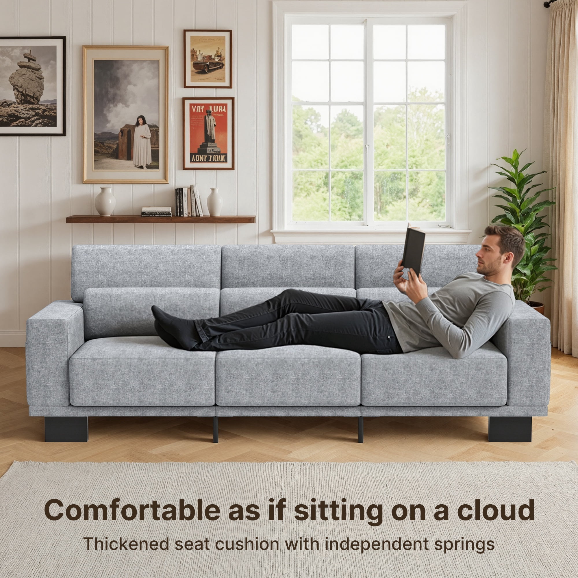 Asofer 89" 3 Seater Sofa Couch, Comfy Extra Deep Seat with Upholstered 3 Pillows for Living Room, Apartment, Gray