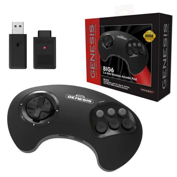 Retro-Bit Official Sega Genesis BIG6 2.4 GHz Wireless Controller 6-Button Arcade Pad for Sega Genesis, PC, Mac & other USB-Enable Devices - Includes 2 Receivers & Storage Case