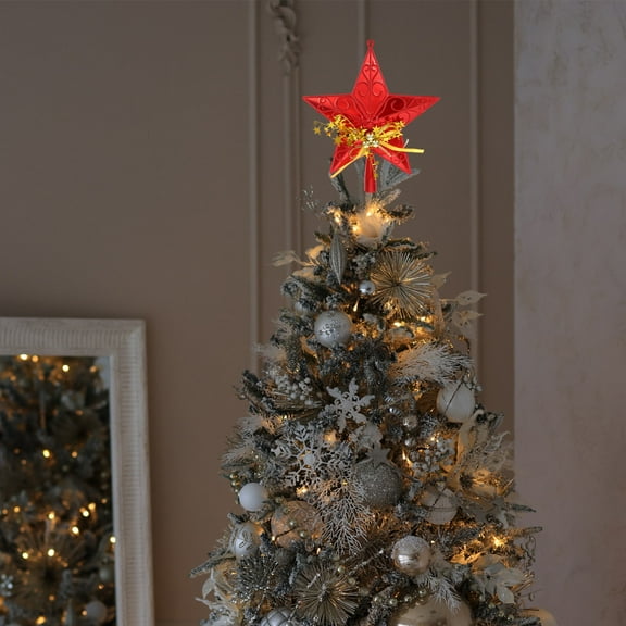 PTOOTP Red Glittering Star Christmas Tree Topper Decoration 1Set