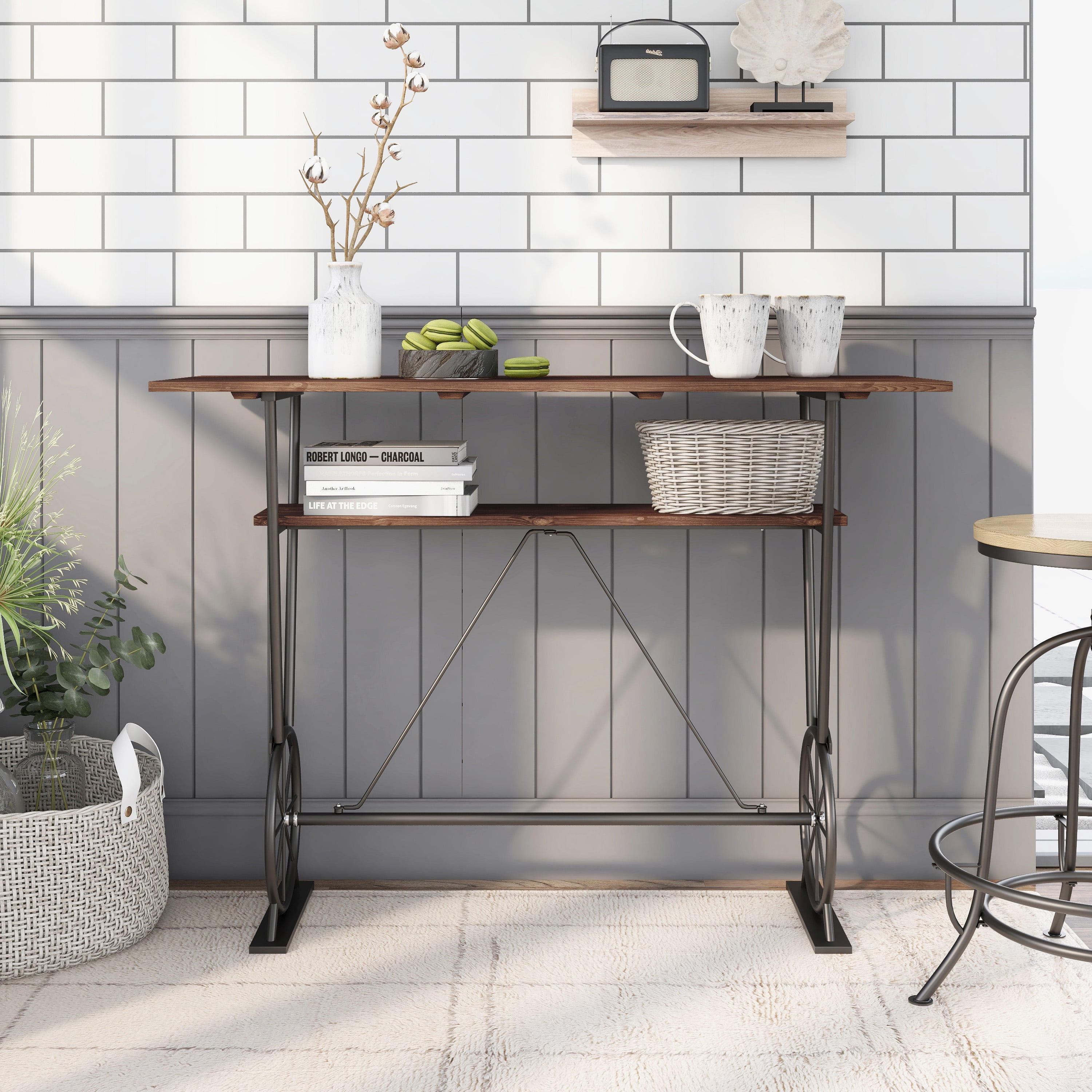 Lodz 1-Shelf Metal Bar Table, Toasted Barnwood and Black