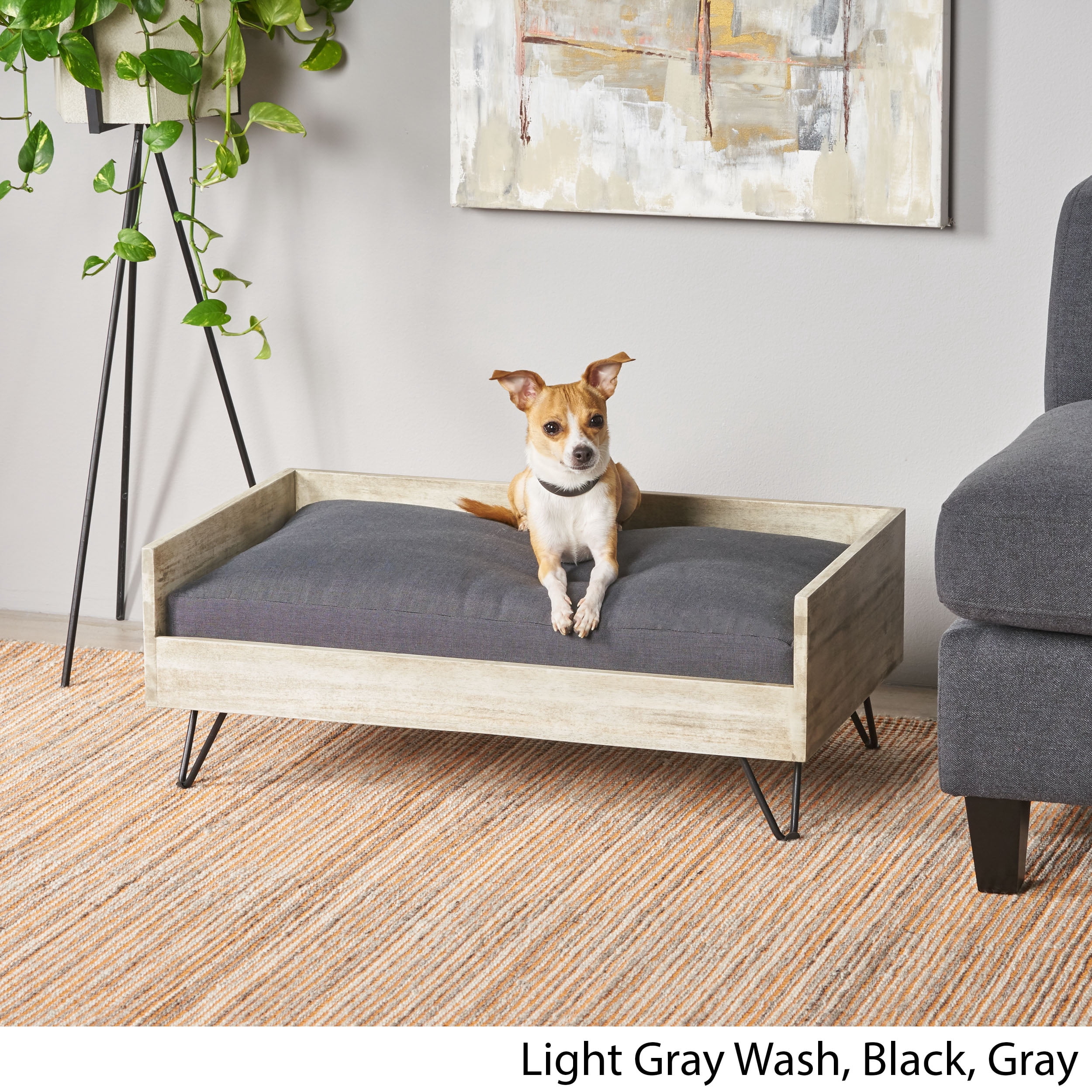 Noble House Brooklynn Mid-Century Modern Pet Bed with Acacia Wood Frame, Light Gray and Gray