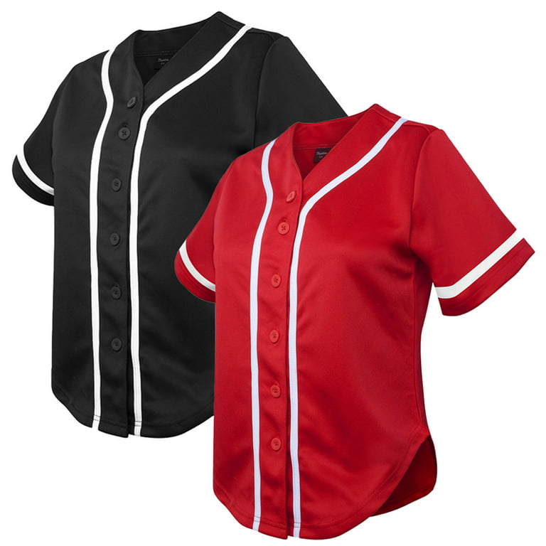 Toptie 2 Pack Womens's Baseball Jersey Softball Jersey Button Down Shirts-Black Red-XL, Women's