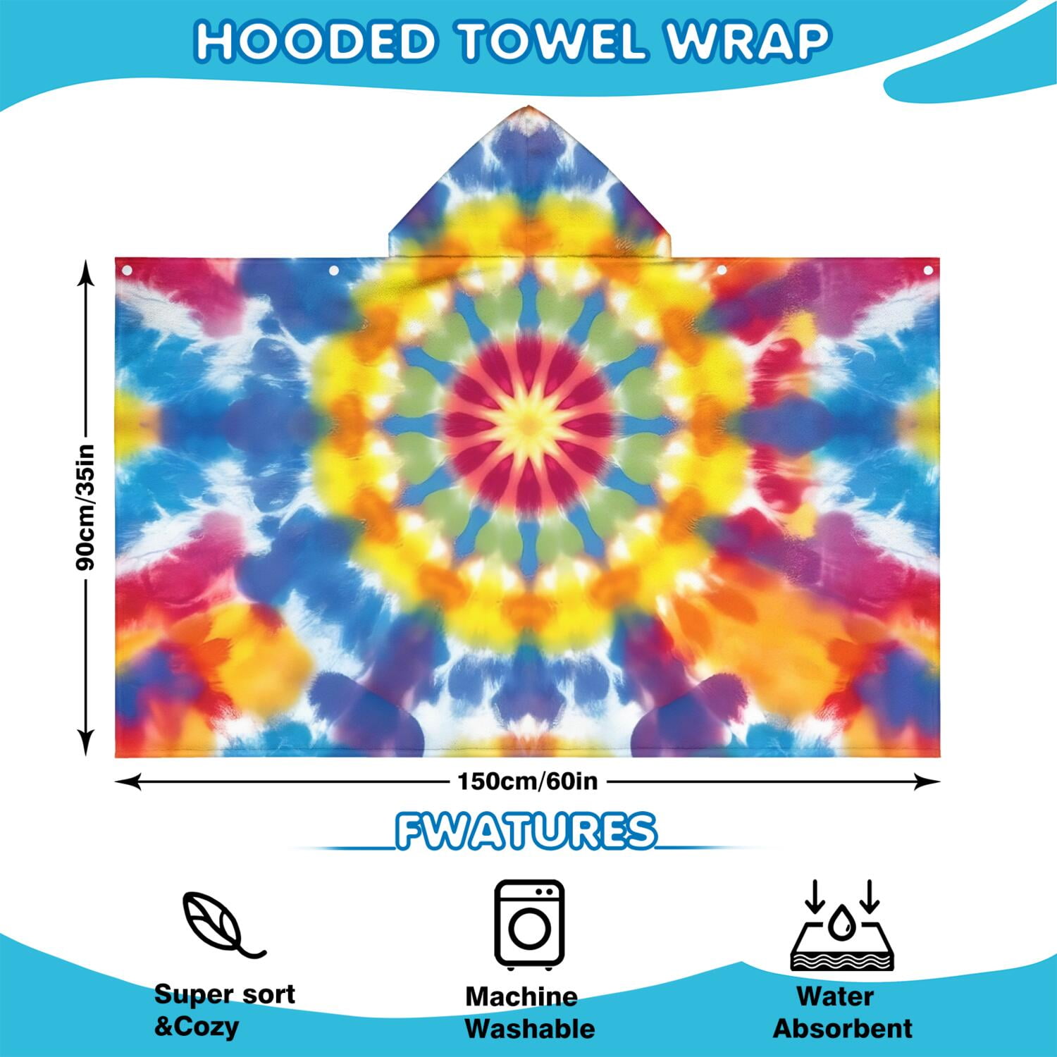 Colorful Rainbow Tie Dye Spiral Pattern Hooded Bath Towel，60"x35" for Ages 3 To 12 Kids, Quick Dry Lightweight Soft Microfiber Hood Beach Towel Cover Up for Kids