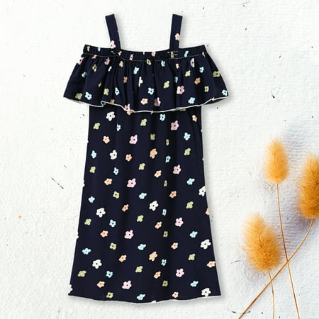 

Rewenti Toddler Kids Baby Girl Summer Vacation Dress Suspender Skirt Floral Dress Navy 9-10 Years