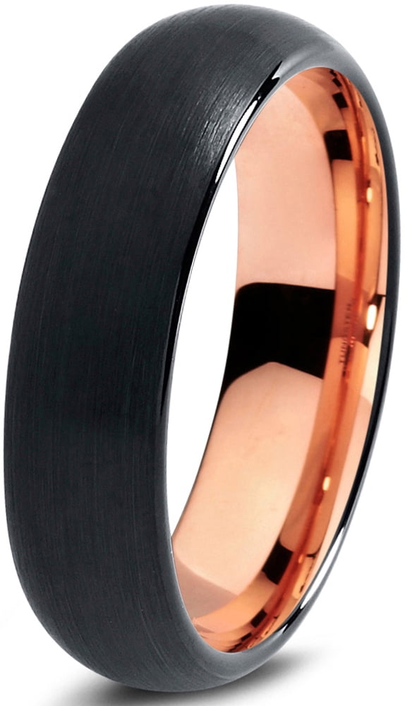 Tungsten Wedding Band Ring 6mm wide for Men Women Comfort Fit Black Brushed finish centre and 18k Rose Gold Plating Polished finish sides and inside Lifetime Satisfaction