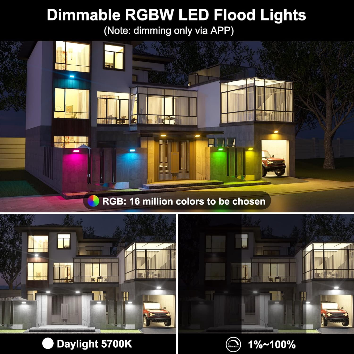 LED RGB Flood Light Outdoor 500W Equivalent, Smart Color Change & Daylight 5700K Landscape Lighting, IP66 Waterproof Patio Lights via App Control, Indoor Ambient Lighting, Uplighting for Yard Pathway