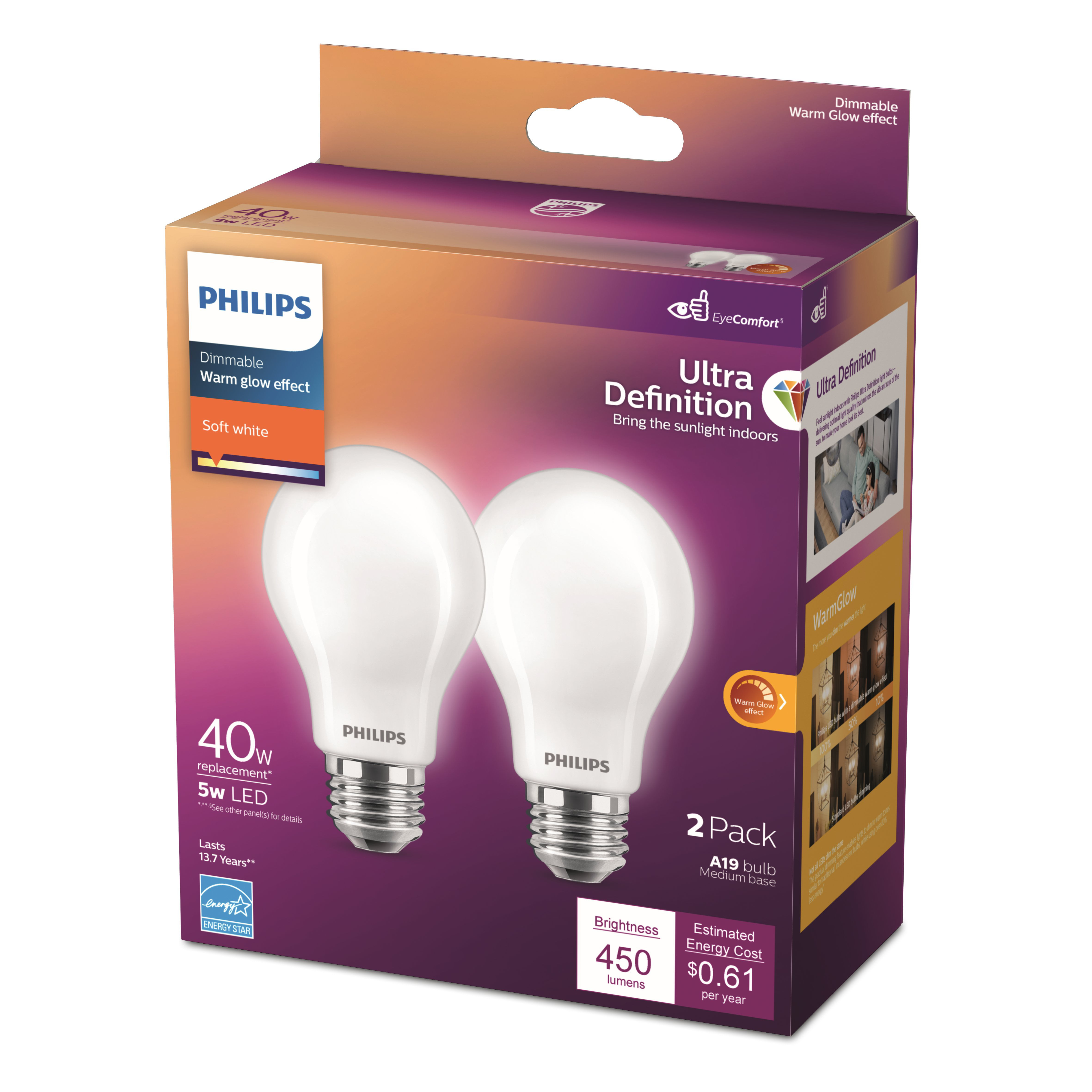 Infectious disease Miss motif Philips Ultra Definition LED 40-Watt A19 Light Bulb, Frosted Soft White,  Dimmable, E26 Medium Base (2-Pack) - Walmart.com