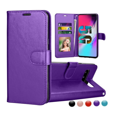 Njjex for Samsung Galaxy S10 / Galaxy S10 Plus / Galaxy S10 5G / Galaxy S10E Wallet Cases Cover, Njjex Buit in 3 Card Slot PU Leather Magnetic Protective Cover with Photo Window & Wrist Strap -Purple
