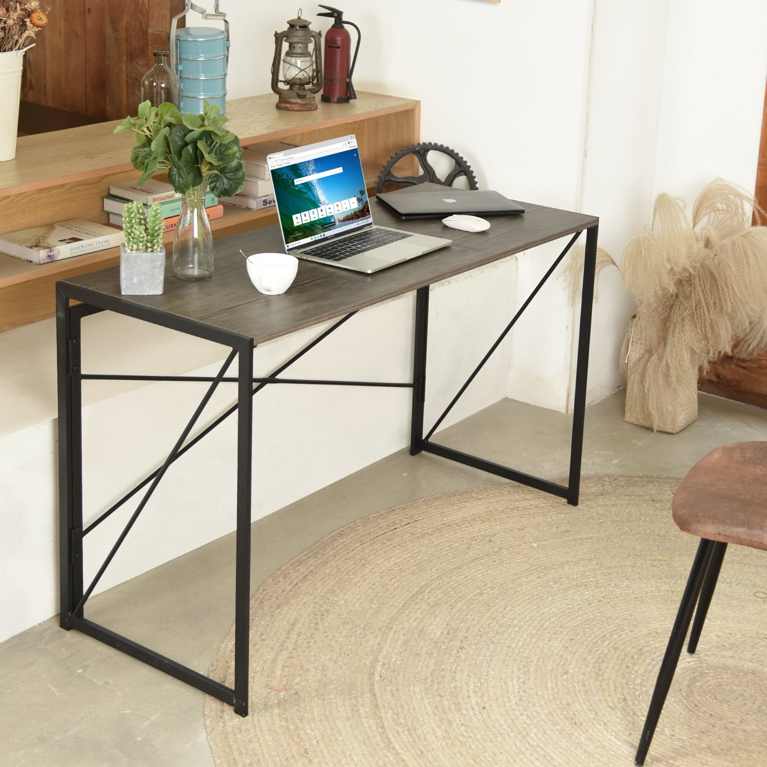 Folding Computer Desk, No Assembly Required Metal Frame Writing Table, Space-Saving Foldable Workstation for Home Office, Brown