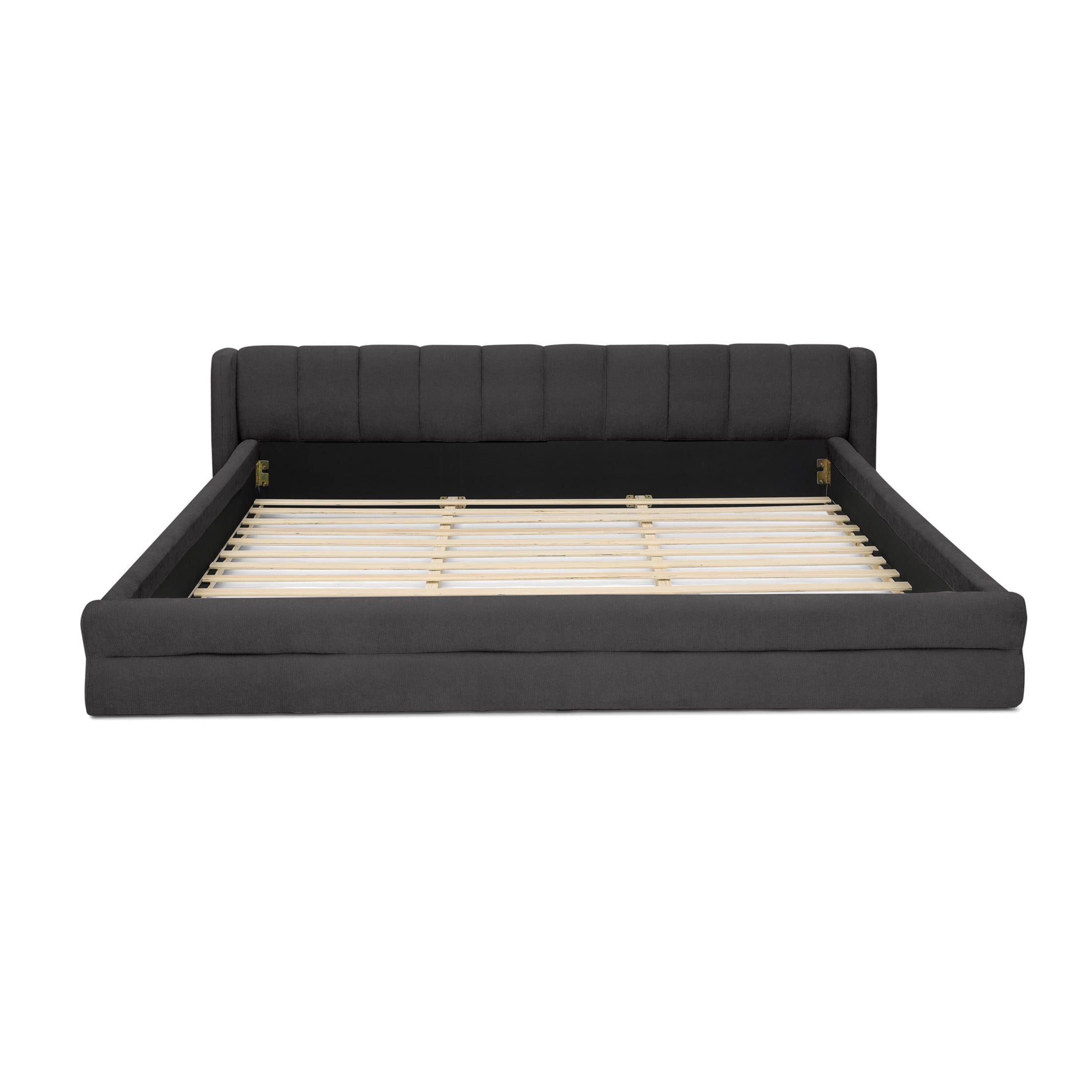 Noble House Heliox Modern King Size Grounded Bed Frame, Chenille Upholstered Platform Bed with Headboard, Dark Gray