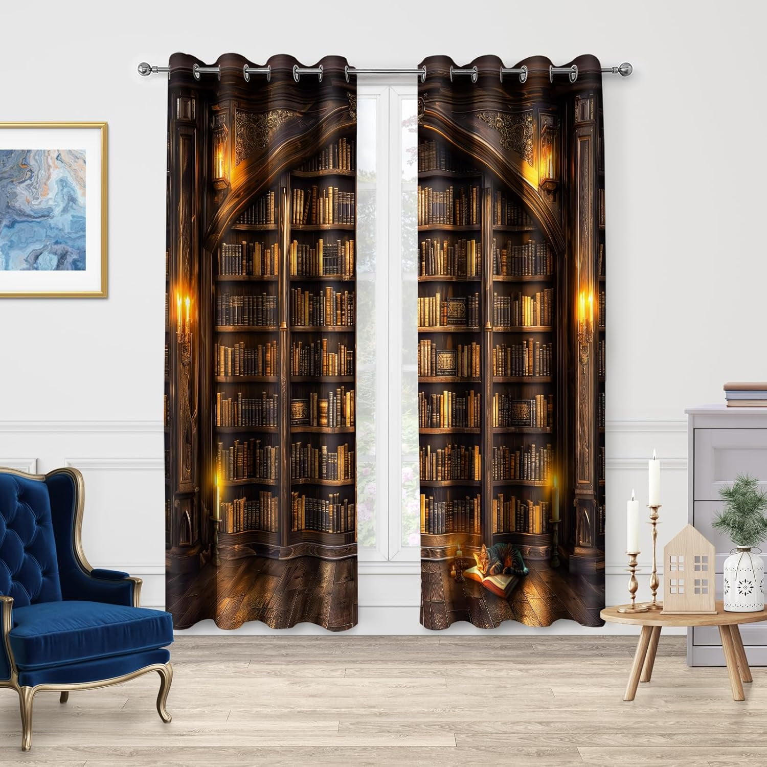 Vintage Bookshelf Blackout Curtains Library Books Bookcase Cat Candle Decor Shading Drapes for Bedroom Study Classroom Living Room Darkening Grommet Window Drapes 2 Panel Set, 42"x63"