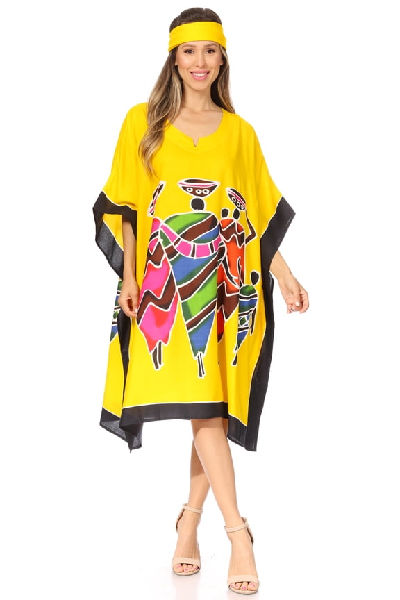 Trina Women's Casual Loose Beach Poncho Caftan Dress Cover-up Many Print - KAF1022-Yellow - One Size