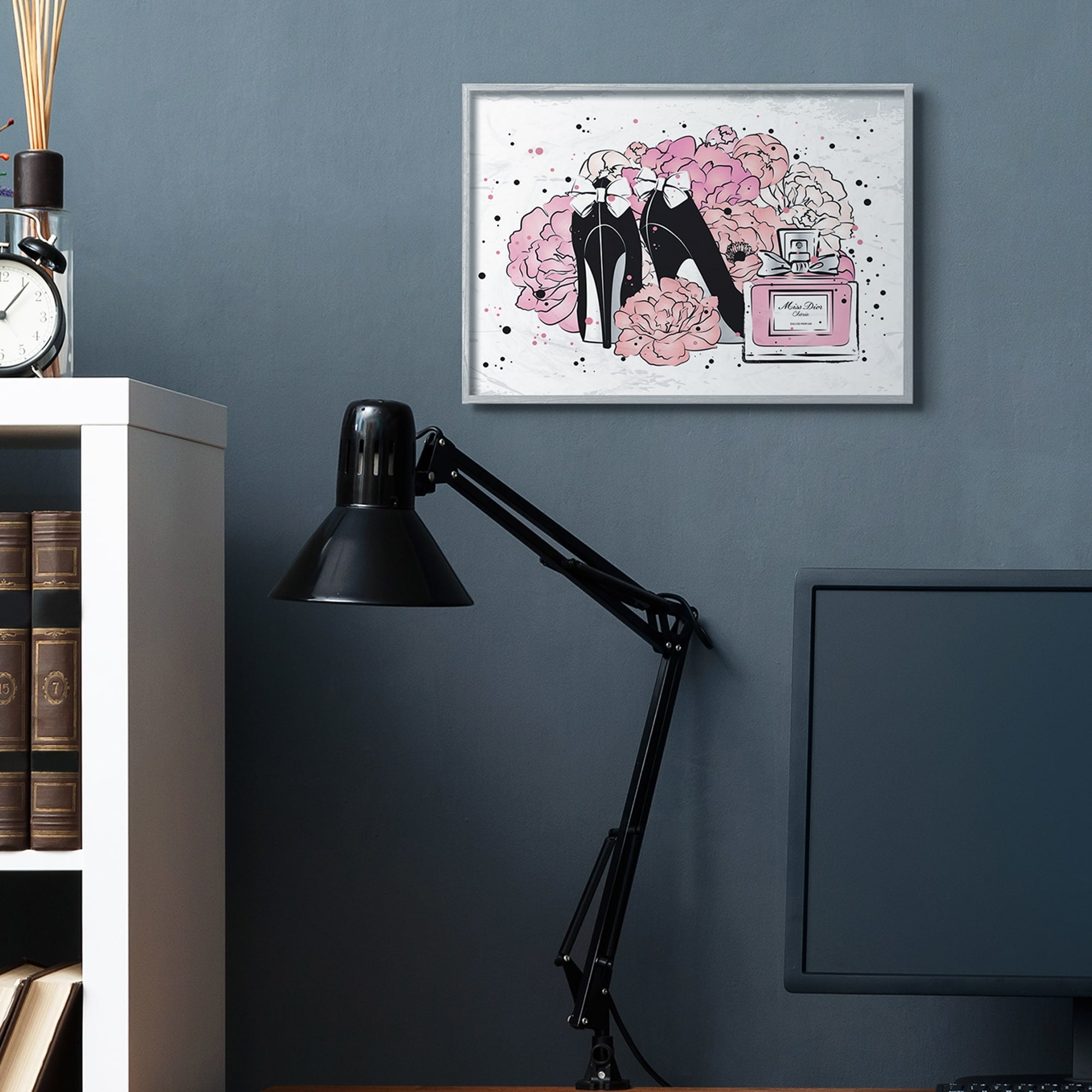Stupell Industries Glam Pink Peonies Black Fashion Bow Heels Beauty & Fashion Painting Black Framed Art Print Wall Art, 16 x 20
