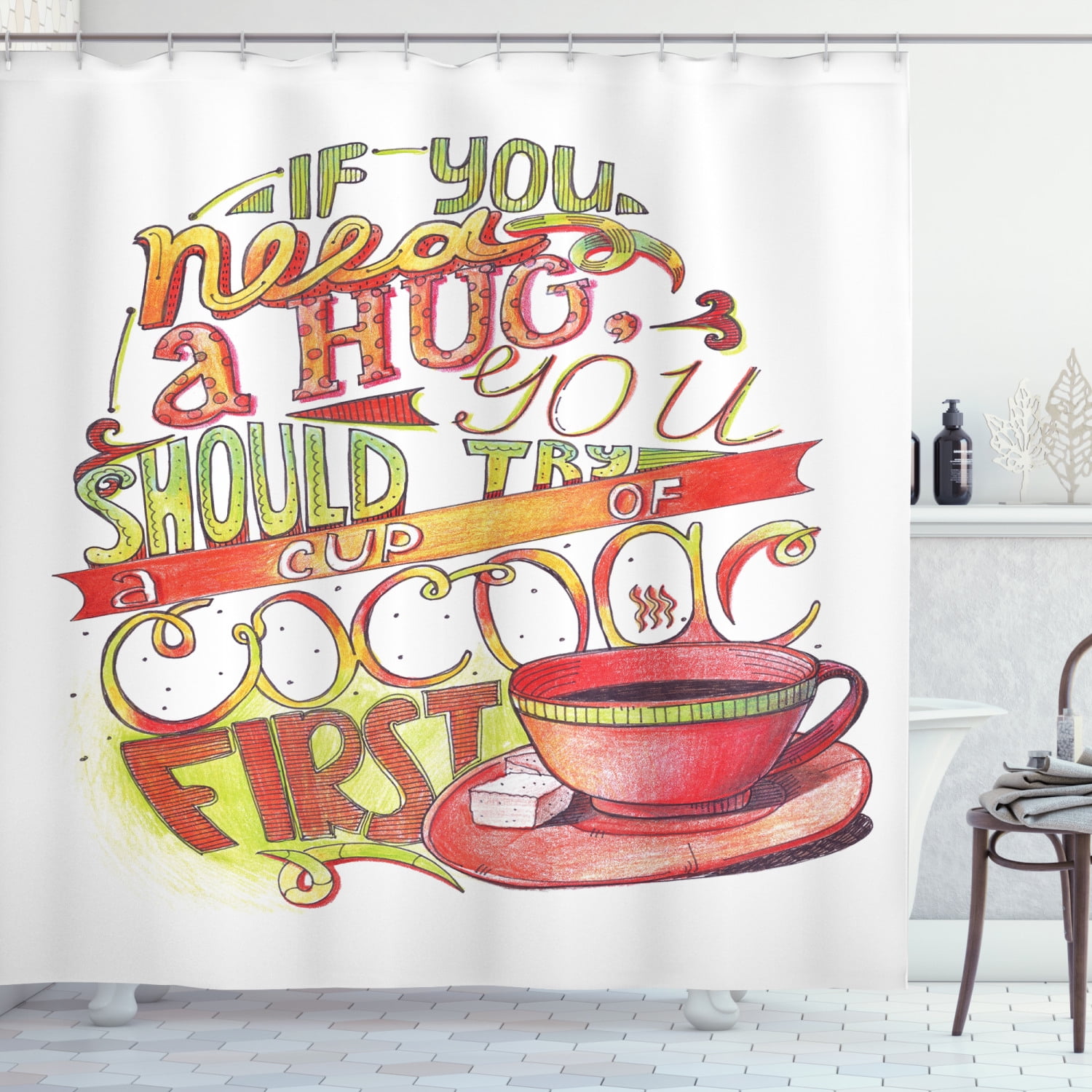 Hug Shower Curtain, Retro Design Saying If You Want a Hug You Should Try a Cup of Cocoa First
