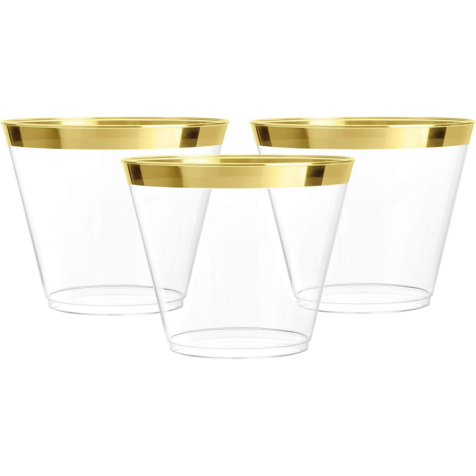 ORUYROP 100 Gold Plastic Cups 9 oz Hard Disposable Cups Plastic Wine Cups Plastic Cocktail Glasses Plastic Drinking Cups Bulk Party Cups Wedding Tumblers Clear Plastic Cups wit Walmart