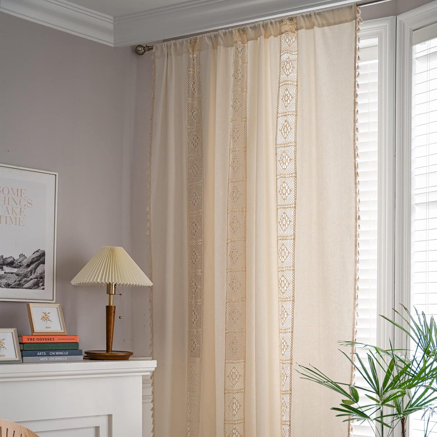 Vireellx Boho Curtains for Bedroom, Cream Hollow Crochet Stripes and Florals Print Cotton Linen Fabric Patchwork, Bohemian Beige Tassel Semi-Blackout Window Panel Farmhouse Drape