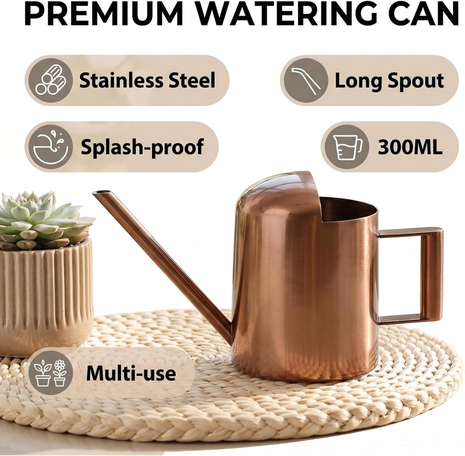 Watering Can 10oz/300ml Stainless Steel Long Spout Semi Open Powder Coated Flower Pot for Garden Family Outdoor