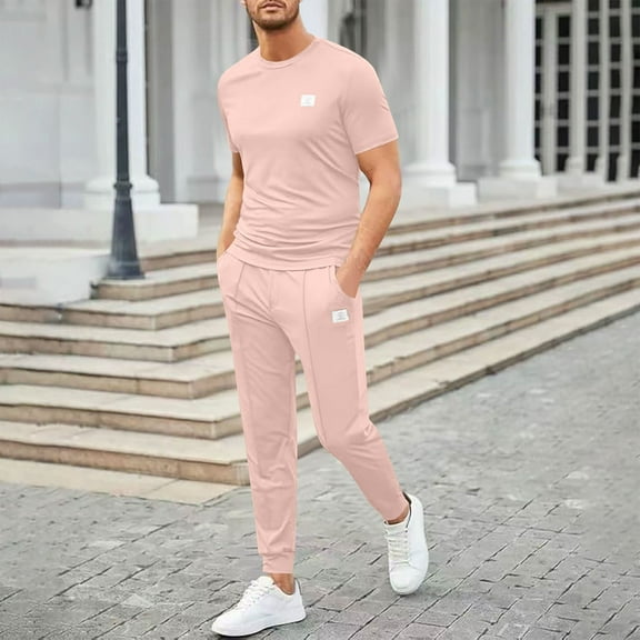 TMOYZQ Mens 2 Piece Sweatsuits Outfits Quick Dry Short Sleeve Pullover Loungewear and Joggers Sweatpants Summer Casual Track Suits Set