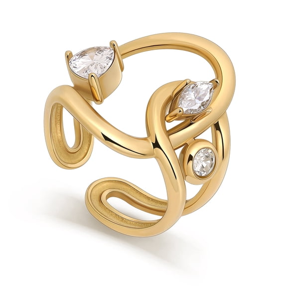 Meissa Unique Curve Gold Adjustable Statement Ring, Sculptural Curve Stainless Steel Ring with Cubic Zirconia, Hypoallergenic Fashion Jewelry for Women
