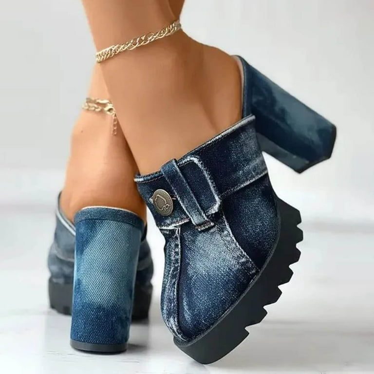 Mostsola Heels for Women Trendy Denim Closed Toe Dress Shoes Lug Sole  Platform Slip on Shoes - Walmart.com