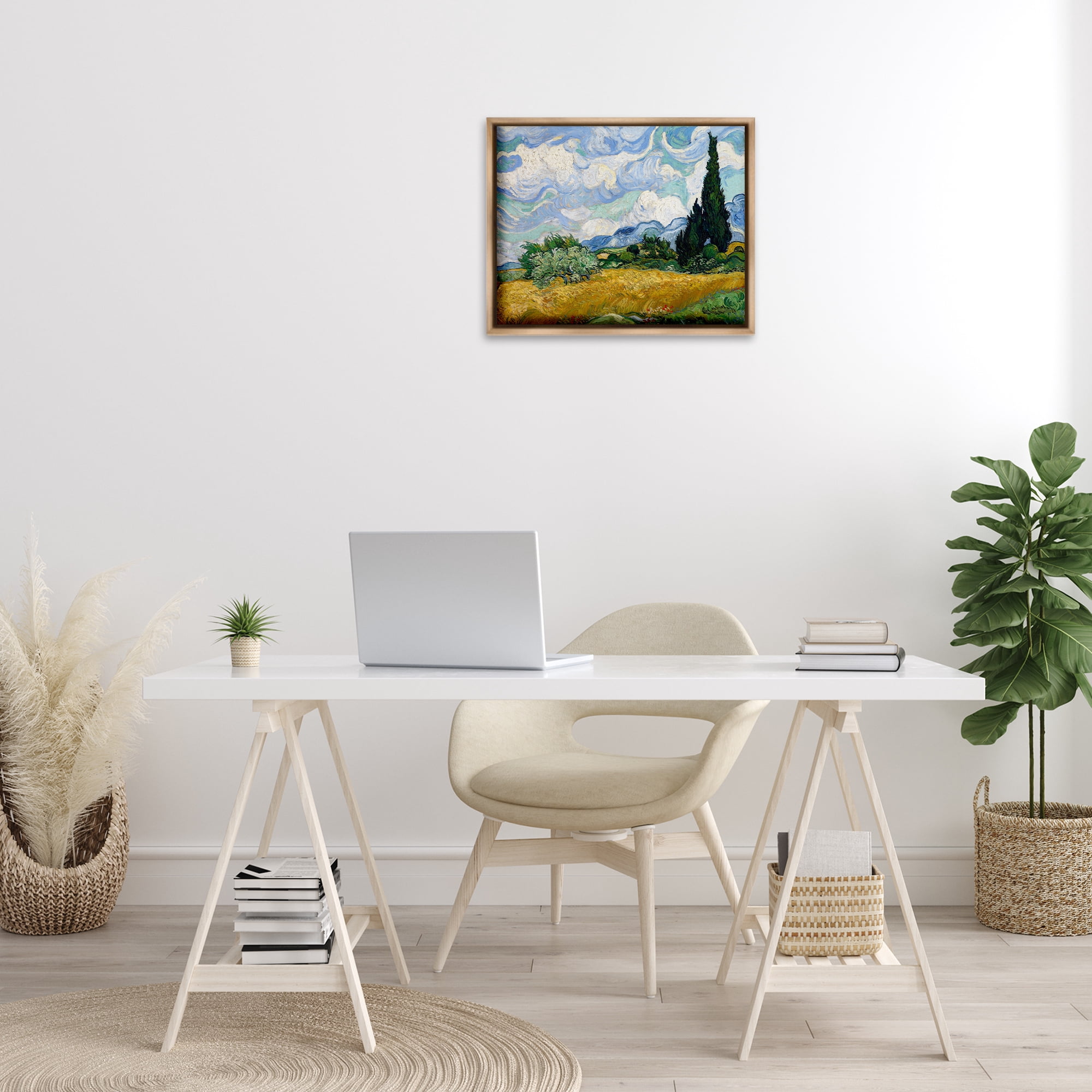 Stupell Industries Classical Wheat Field with Cypresses Landscape & Nature Painting Brown Floater Framed Canvas Art Print Wall Art, 21 x 17