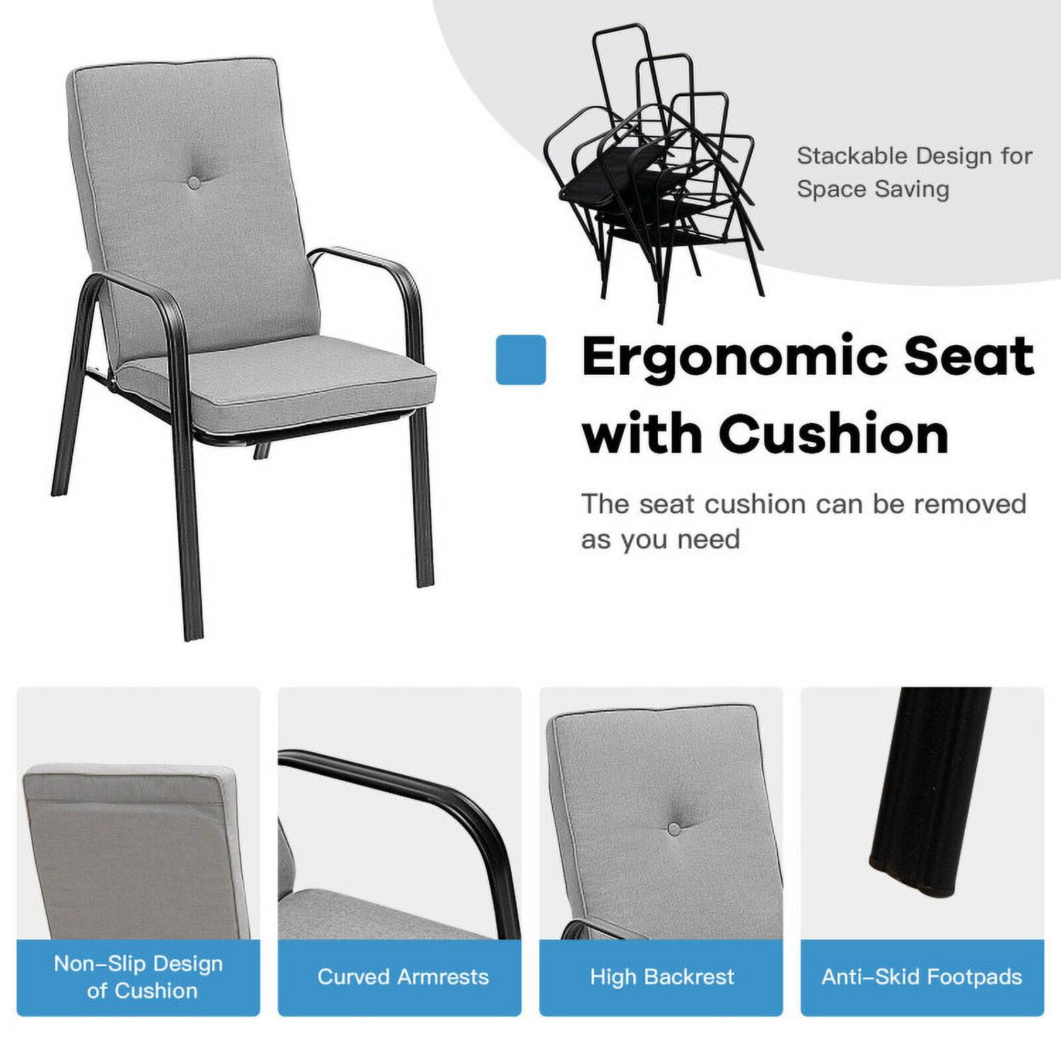 Spaco 4 Patio Dining Stackable Chairs Set with High-Back Cushions, Outdoor Stackable Dining Chairs for All Weather, Breathable Garden Outdoor Furniture for Backyard Deck