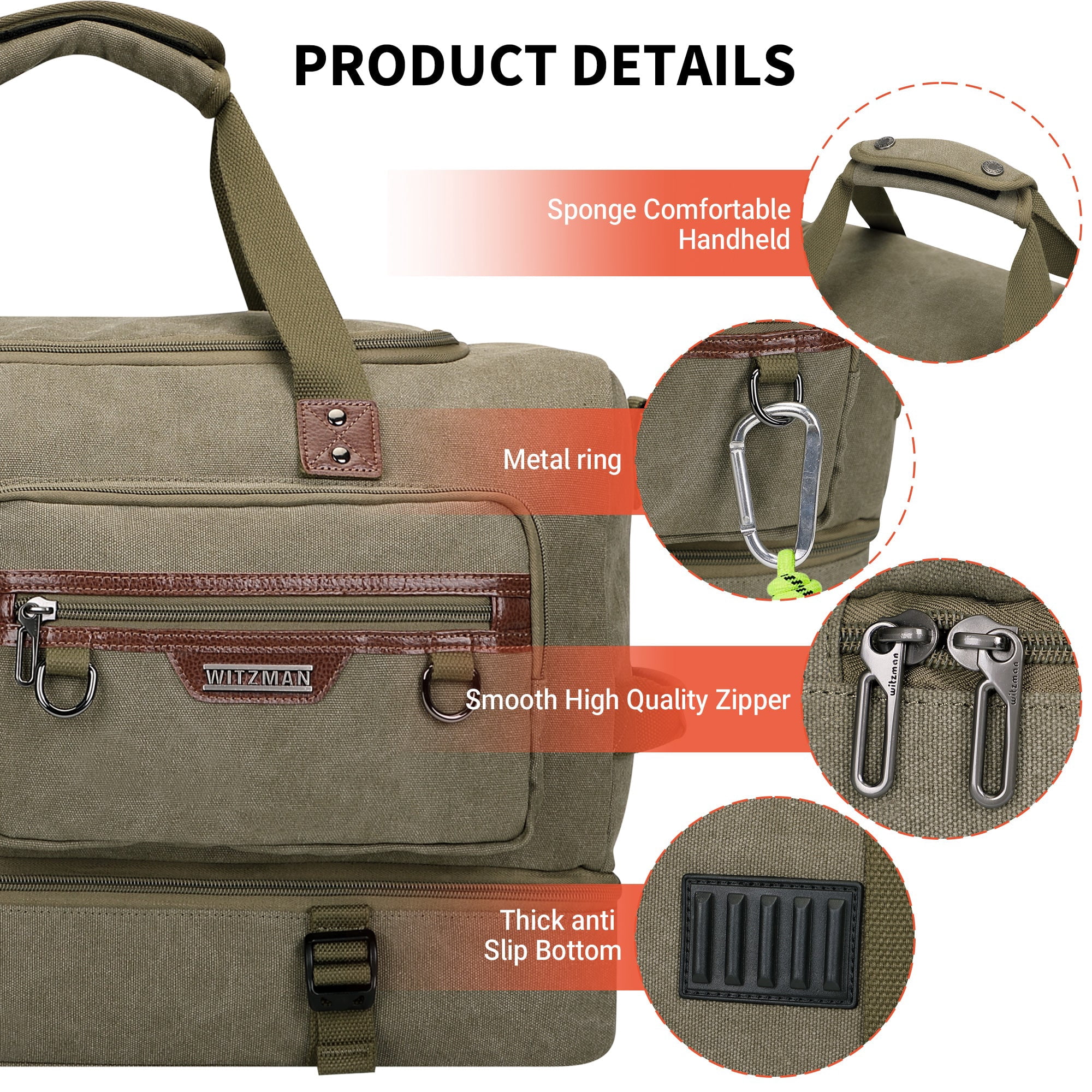 WITZMAN Canvas Weekender Bag Mens Overnight Bag for Traveling Carry on Duffle Bags with Shoes Compartment(A8010 Army Green)