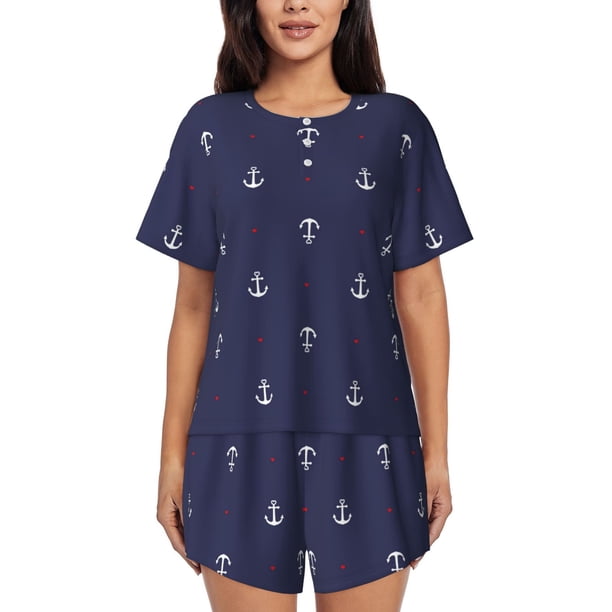 Balery Anchor Heart Blue Conjunto de Pijama para Mujer con Estampado, Dos Piezas de Manga Corta y Shorts, Ropa de Dormir Suave con Cuello Redondo y Bolsillos-Medium