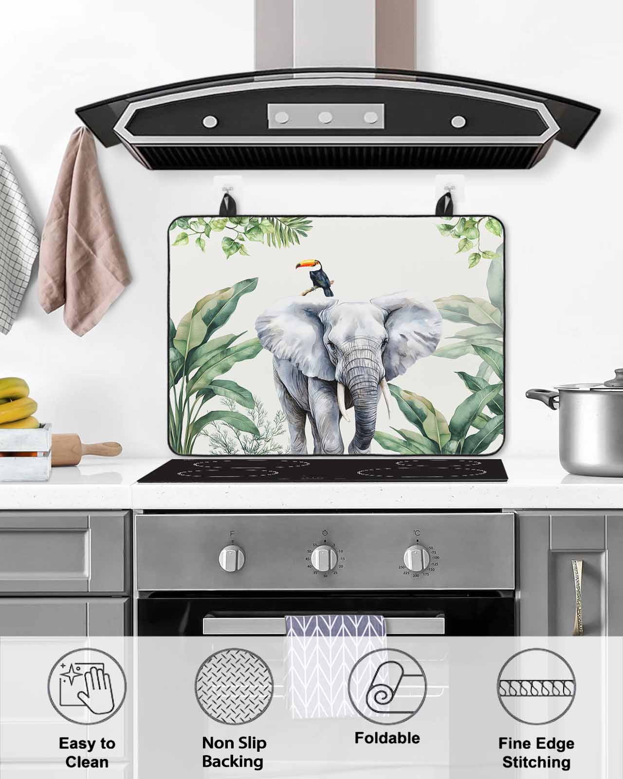 nqOlkjepod Large Induction Cooktop Protector Mat 36"x21", Tropical Elephant Bird Stove Top Covers for Electric Stove, Watercolor Summer Palm Leaf Stove Burner Cover Mats, Glass Top Stove Cover