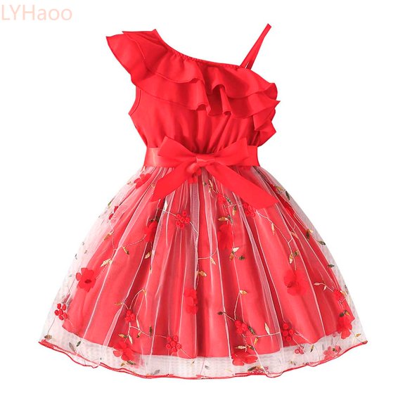 LYHaoo Girls Dress One Shoulder Formal Ruffle Birthday Party Mesh Dresses,Toddler Dresses Sizes 2-3 Years Red