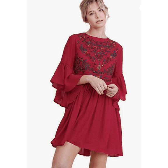 Umgee Floral Embroidered Keyhole Bell Sleeve Mini Dress, Women's