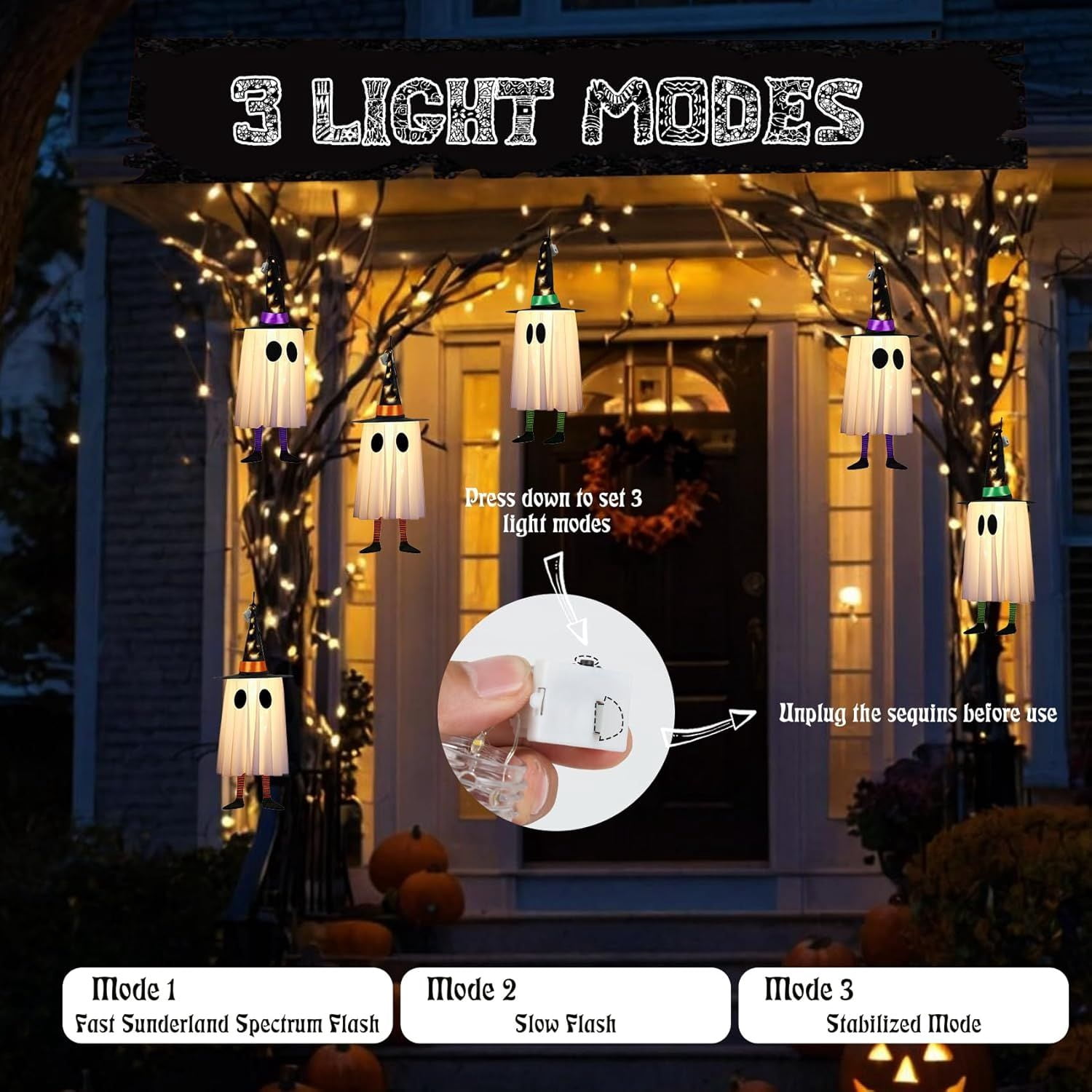 3 Pack Light Up Witch Hat Decorations with Floating Design for Halloween