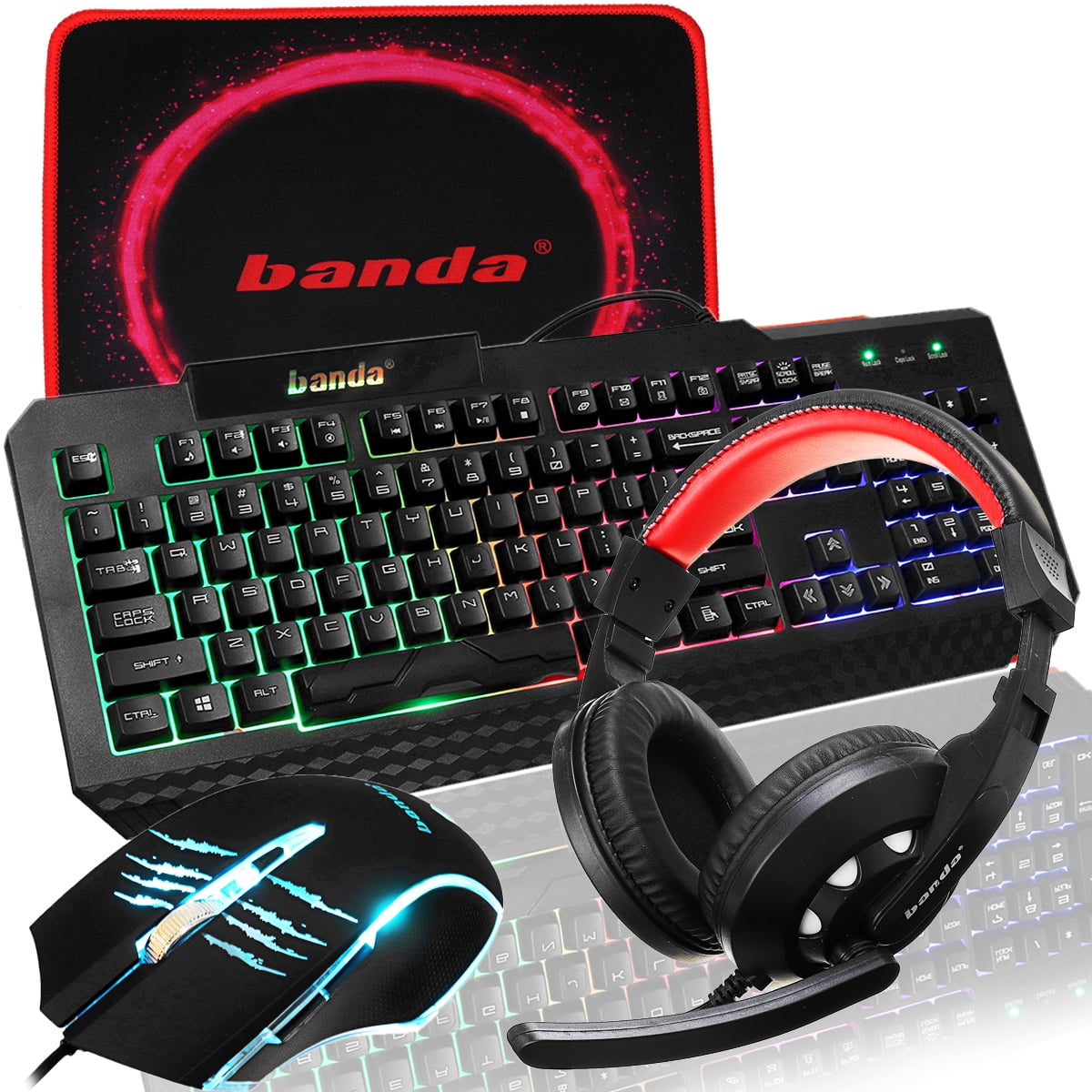 Gaming Keyboard and Mouse Headset Combo with Mousepad, Wired LED RGB Rainbow Backlit Keyboard Over-Ear Headset Bundle for PC Gamers and Xbox and PS4 Users
