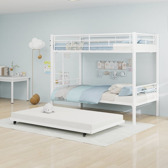 Kdymod Triple Bunk Bed Twin over Twin with Twin Trundle, Bunk Bed with Convertible 2-in-1 Design, Metal Bunk Bed Frame with Ladder & Safety Guardrail, Space-Saving for Teens and Adults, White