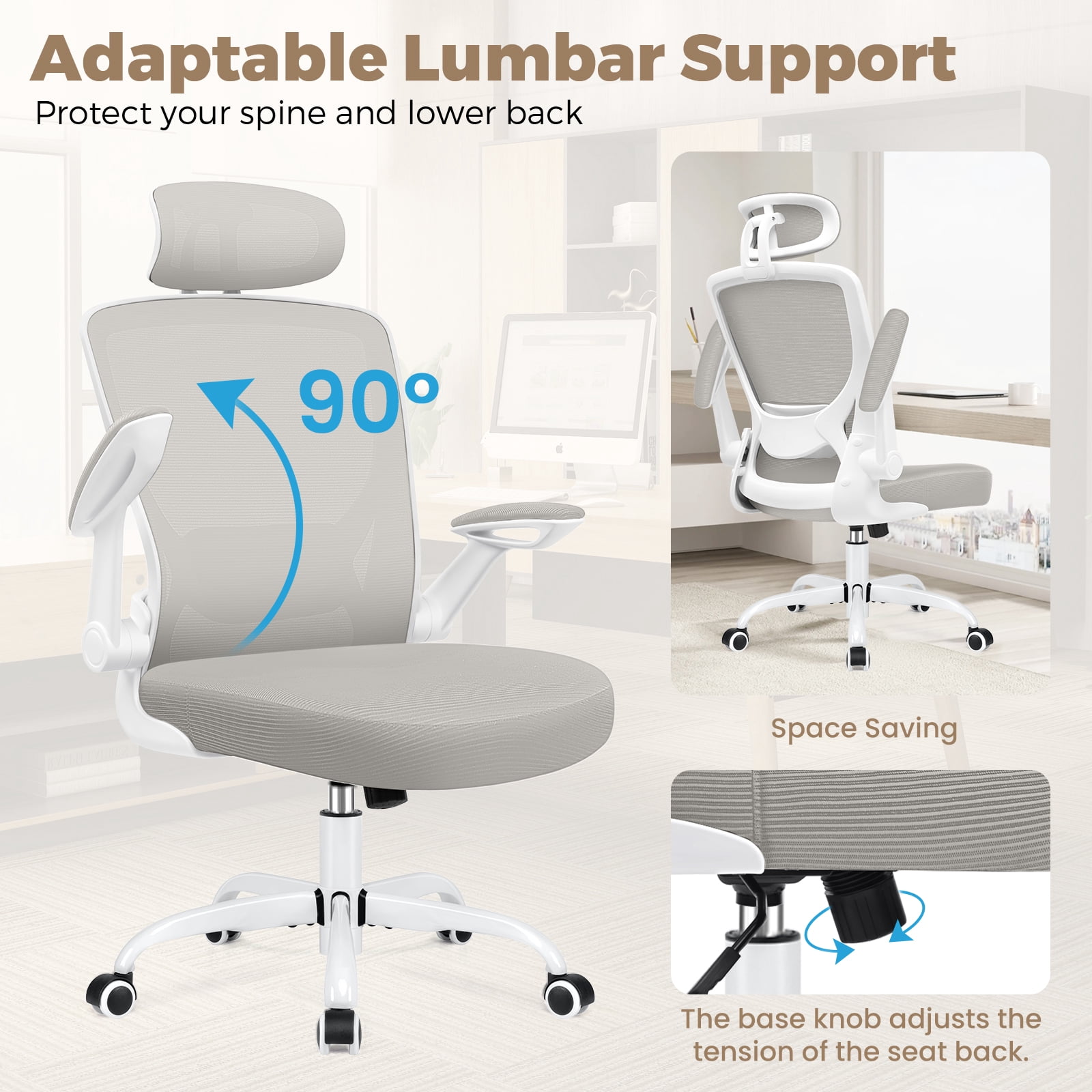 COOLHUT Office Chair Ergonomic Desk Chair, High Back Office Chair with Headrest, Big and Tall Comfy Home Office Desk Chair Lumbar Support Breathable Mesh Office Chair, Light Gray