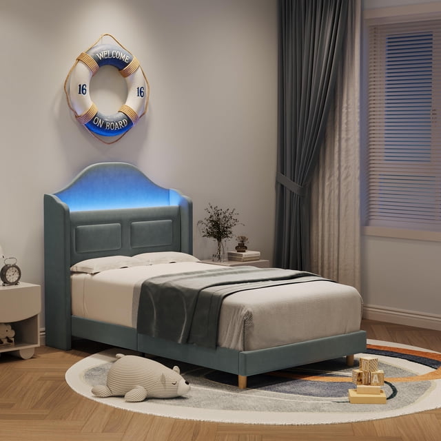 EDTara Lit Plateforme Double avec Design à Ailes, Tête de Lit Bibliothèque avec Rangement, Lumières DEL, 12 Lattes en Bois, Capacité de 350 Lb