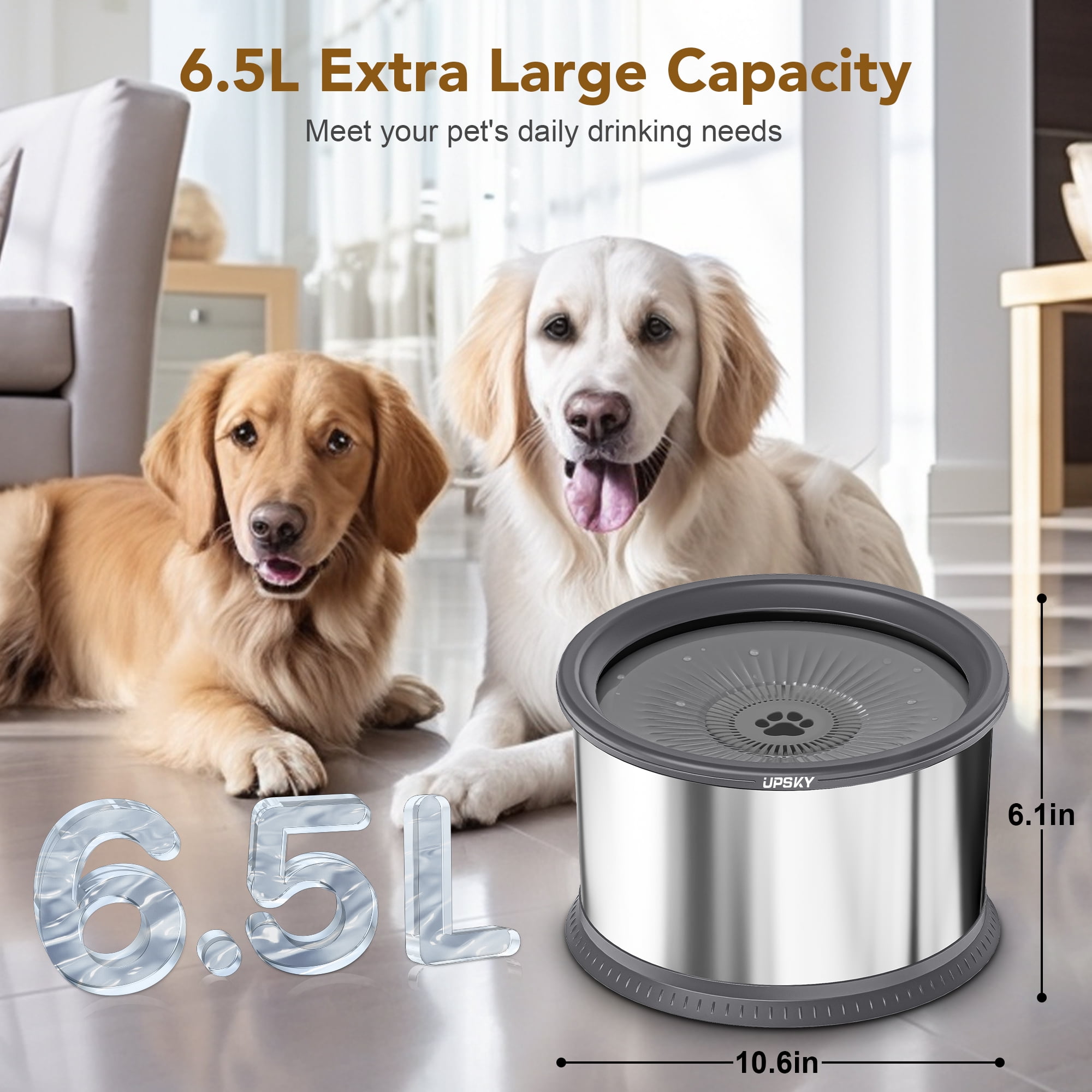 UPSKY 6.5L Dog Water Bowl, 1.6 Gallon Super Large Capacity No Spill r Bowl, Stainless Steel Spill Proof Slow Water Feeder No Splash